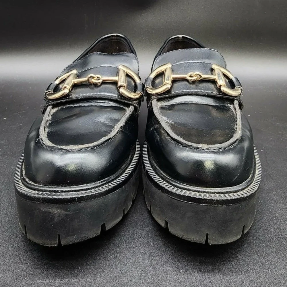 H&M Chunky‎ Platform Horsebit Loafers Black Women Size 6.5 Lug Sole Bit Detail